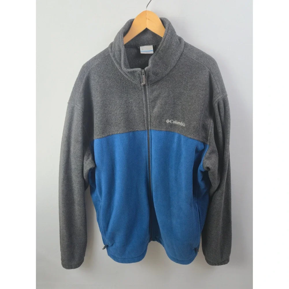 Columbia Fleece Jacket Mens XXL Gray Blue Full Zip Colorblock Outdoor Soft 1349